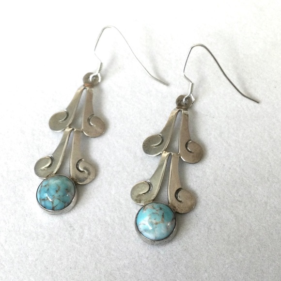 Vintage Larimar & Sterling Drop Earrings - Stamped JNN Hecho En Mexico 925 - Picture 1 of 9